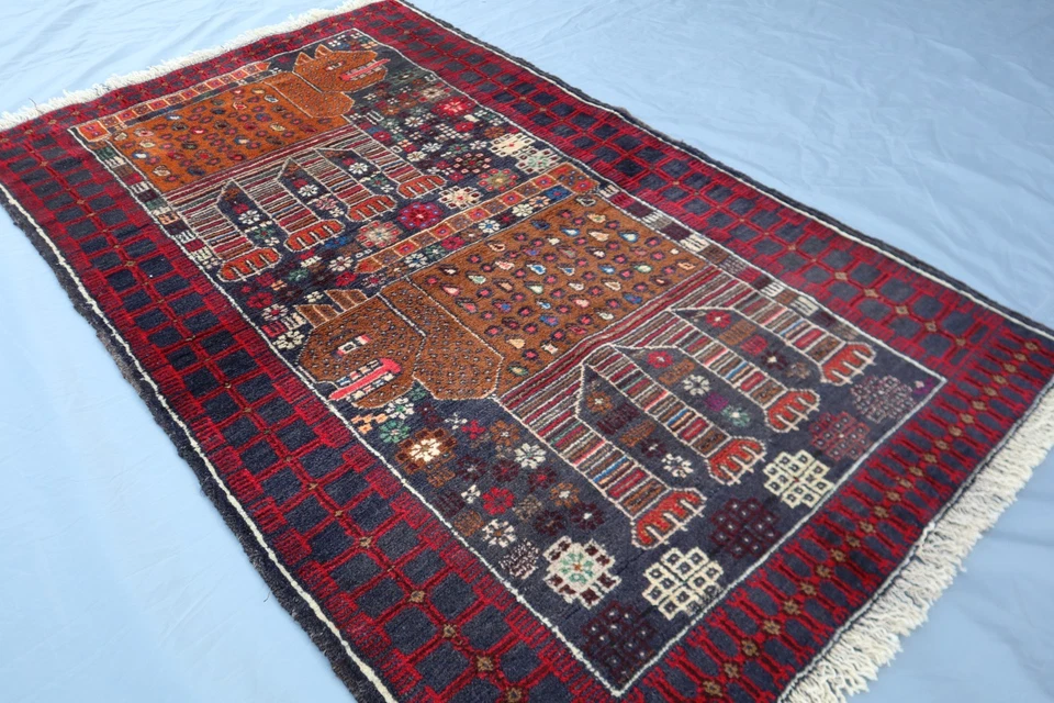 Alfombra 3x4 Vintage Afghan Baluchi Pictórica - Alfombra de Lana Rara Motivo León - Tribal Foto 3 de 4