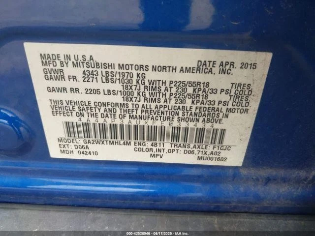 Used Engine Complete Assembly fits: 2015 Mitsubishi Outlander sport 2.0L VIN U 8 - Image 3 of 4