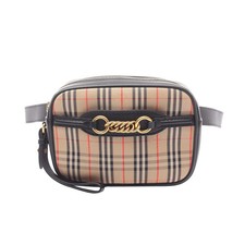 BURBERRY Check Link Bum Bag Waist Bag Canvas Leather Beige Black #RC3763