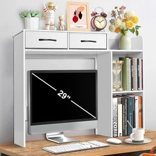 Desk Hutch, Desktop  Book Shelf with 2 Drawers, 37" Desk Organizer for Max 27"