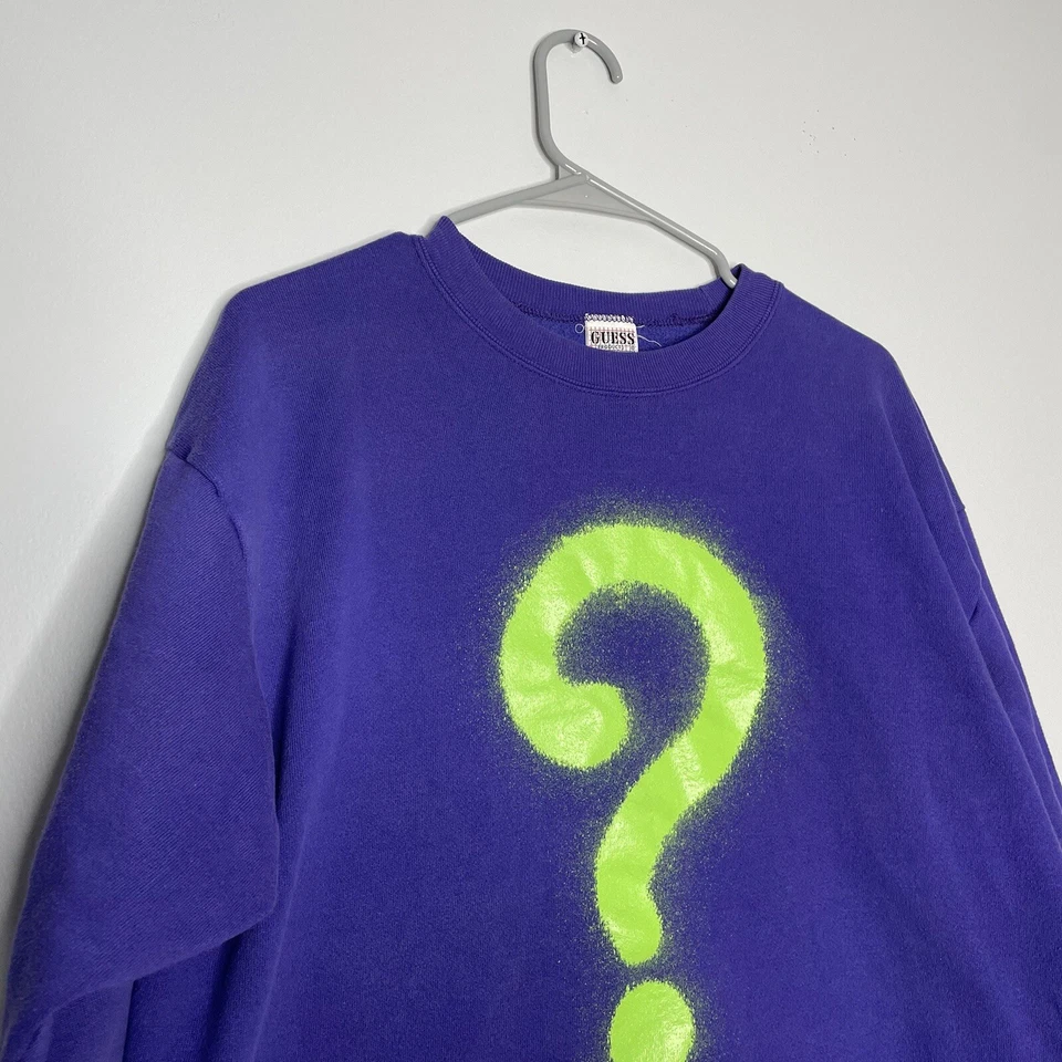 Vintage 1989 Guess Shirt Spray Paint Question Mark Old School The Riddler Purple - Image 3 of 4