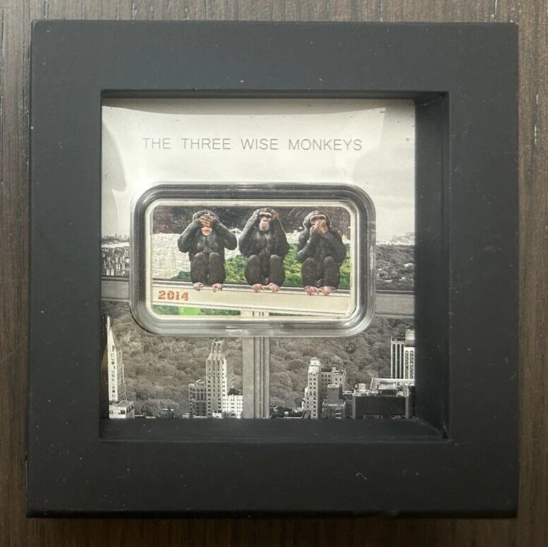 2014 Tanzania THREE WISE MONKEYS 1 Oz .999 Silver BAR SEE HEAR SPEAK NO EVIL - Image 2 of 4