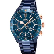 Festina F205761 Mens Stainless Blue Ceramic Bezel Chronograph Dial Wristwatch