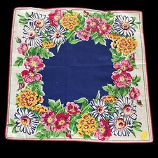 Vintage Kimball Hanky Handkerchief Flowers Floral Navy Blue Hand Rolled Hem
