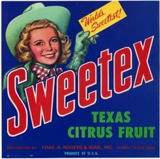 Original SWEETEX Texas citrus crate label Chas Rogers & Sons Donna Texas Cowgirl
