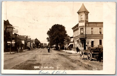 #ad #ad c1912 RPPC Main Street Dirt Road Horse Buggy KIEL Wisconsin WI ANTIQUE Postcard $30.47