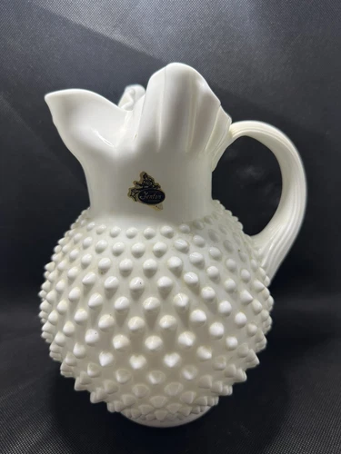 Vintage Fenton White Hobnail Milk Glass Large Pitcher w/ Ice Lip & Label 9.5"