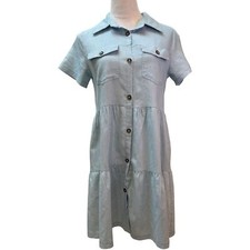 Tiered Button Down Dress Short Sleeve Casual Light Blue