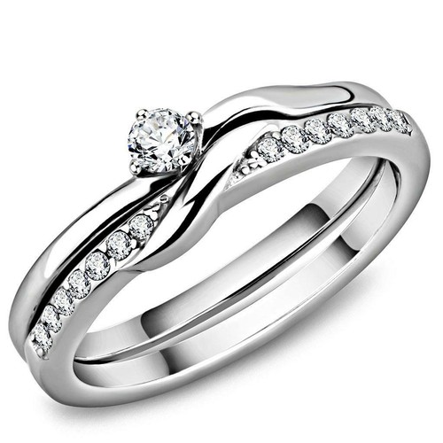 Wedding engagement set band ring ladies stainless steel 1 carat 2pcs silver 508