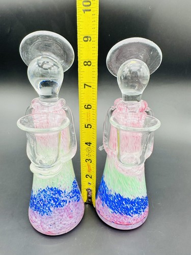 Pair (2) Hand Blown Art Glass Pink Blue Green Tapered Angel Candle Holders 9” - Picture 8 of 10