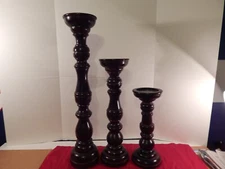 Large Turned Wooden Candle Holder  Set of 3 Farmhouse / Primitive Style Solid