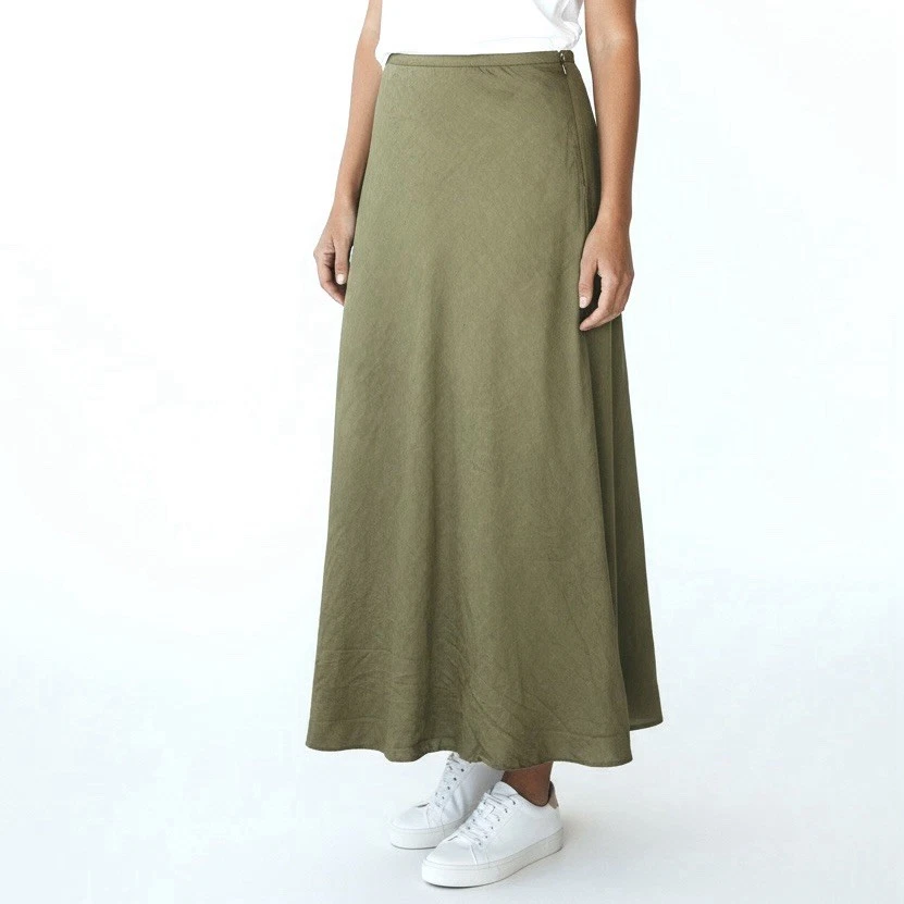 Peruvian Connection 100% Linen Green Khaki Long Skirt Size 10 Made in Italy