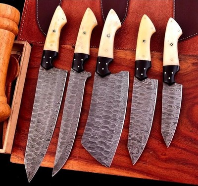 CUSTOM HAND FORGED DAMASCUS STEEL CHEF KNIFE SET KITCHEN KNIVES BEST USA GIFT.
