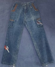 Vintage Don Men's 32 Cargo Jeans Baggy Wide-Leg Embroidered Blue