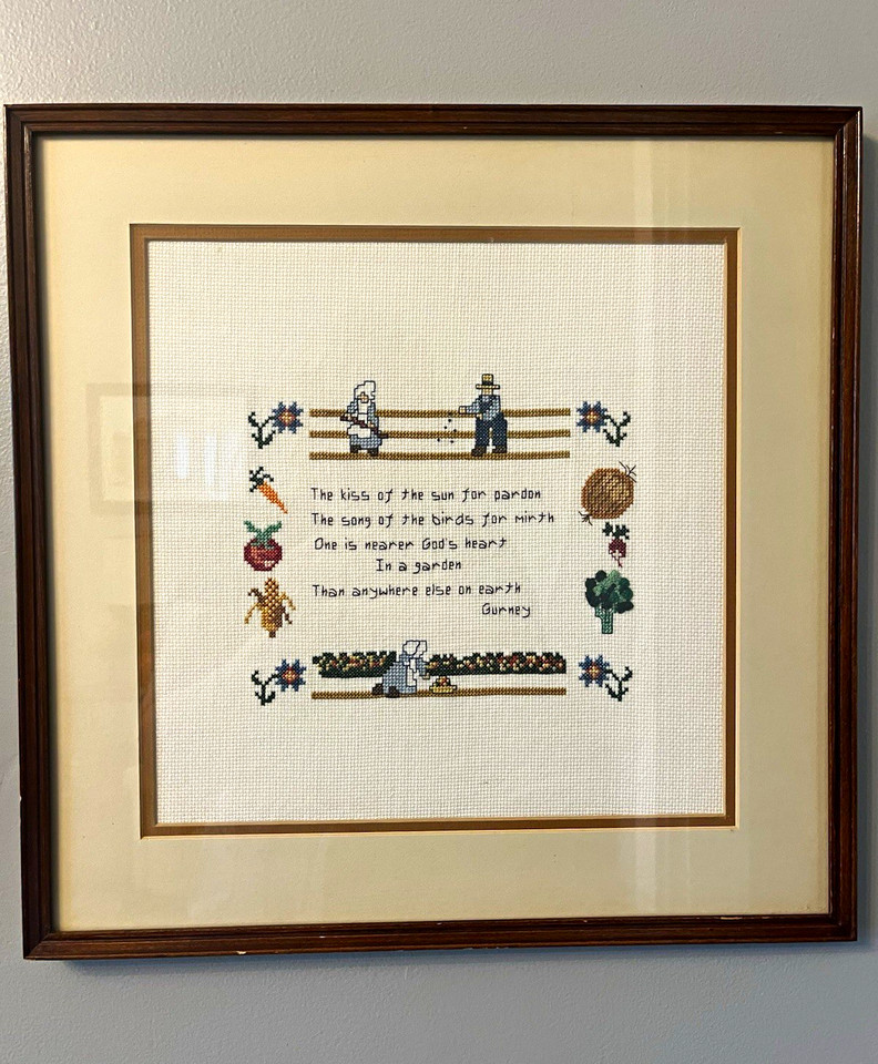 Vintage Handmade Gardening Needlepoint – Cottagecore / Grannycore Wall Art