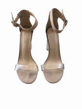 Beige Clear Strappy Block Heel Sandals for Women with Ankle Strap Buckle