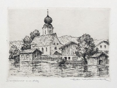 Truchtlaching Alz Kirche Seeon-Seebruck Radierung / Eduard Winkler 1884-1978