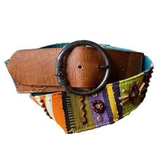 Chico's Women's Leather Beaded Tapestry Belt Size L Boho Southwestern Aztec
