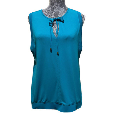 Worthington Liquid Knit Tunic Womens M Blue Keyhole Tie Neck Sleeveless Blouse