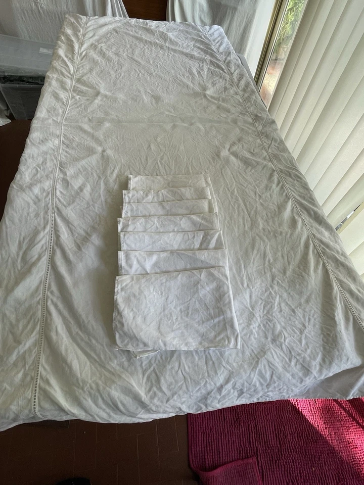 ANCIENNE NAPPE ET SERVIETTES DAMASSE LIN ET SOIE BLANCHE/7371V1 - Photo 2/4