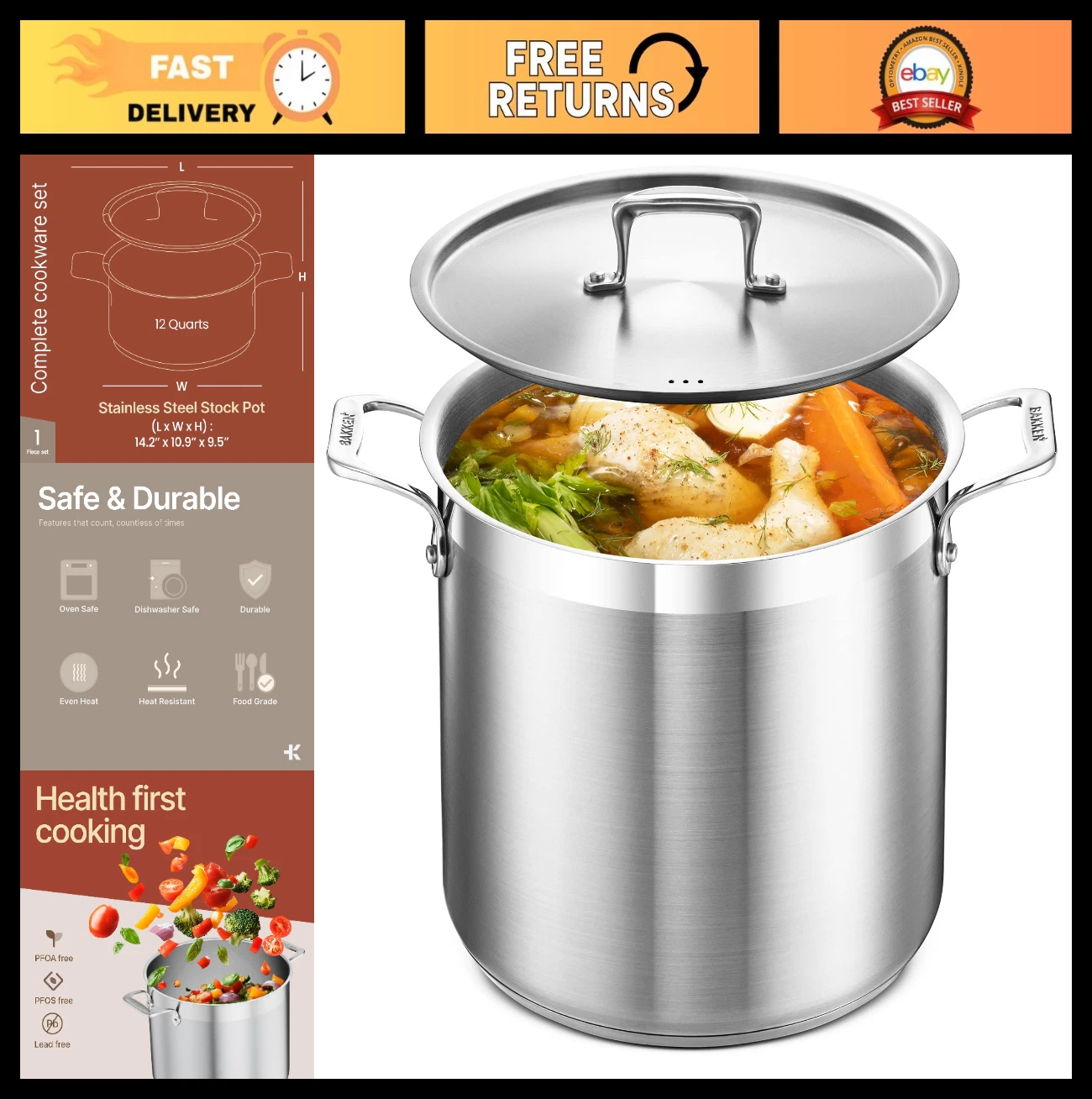 12 Quart Stainless Steel Stockpot with Lid, Durable, Even Heating, Oven Safe to