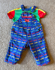 VTG OshKosh B'Gosh AOP Trains Toddler Denim Bibs Overalls T-Shirt - 12-18 Mos