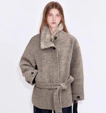 Winter Women's Wool Fur Lining Warm Jackets Camel Wool Collar Single-button Coat