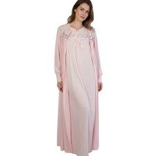 Vintage Style Nightgown and Robe Set Women M Pink Floral Embroidered Maxi Bow