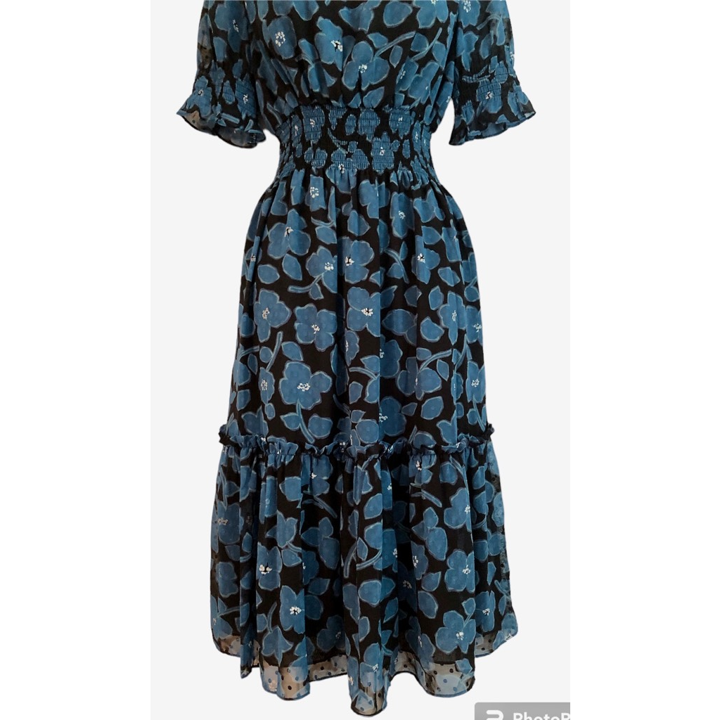 Kate Spade Womens A Line Dress Blue Floral Smocked Midi Short Puff Sleeve S  New | eBay