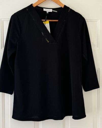 Size S Women's Calvin Klein V Neck 3/4 Sleeve Blouse Embellished Black - Picture 3 of 9