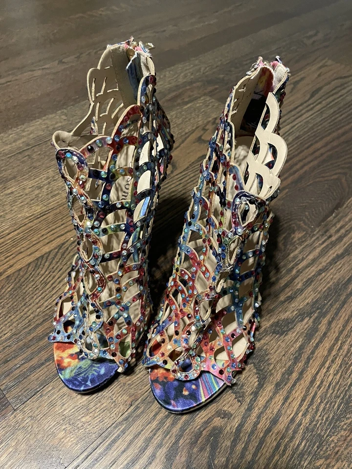 Zapatos de salón Zigi Soho Duran enjaulados 7,5 cremallera punta abierta tacones de aguja graduación multicolor Foto 2 de 4