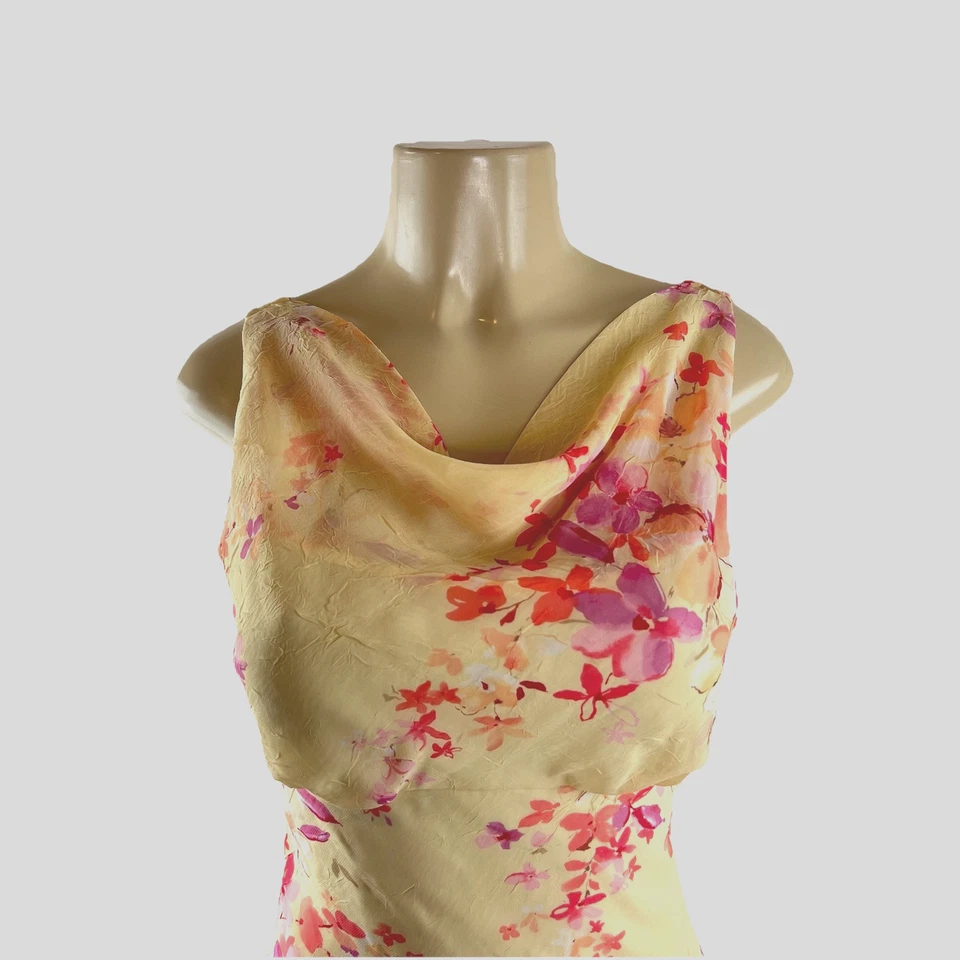 Vestido Vintage Y2K Talla 7/8 Amarillo Floral Slinky Fairycore Cuello Drapeado Asimétrico Foto 2 de 4