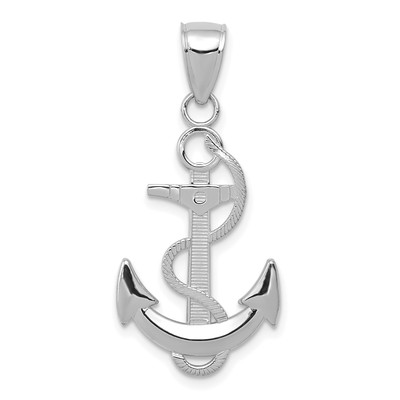 Avariah Solid 14K White Gold Polished Anchor with Textured Rope Pendant - 32.5mm