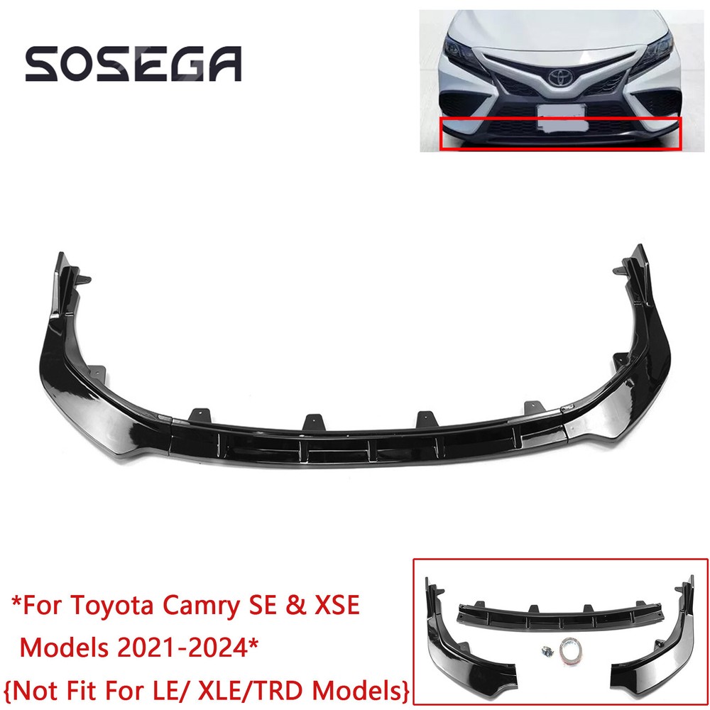 For Toyota Camry SE XSE 21-24 V-Style 3Pc Glossy Black Front Bumper Lip Splitter