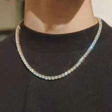 4MM  Round Cut Lab  Tennis Men's Charm 18" Necklace 14K Yellow Gold Plated