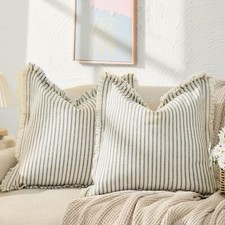 Throw Pillow Covers 22x22 Set of 2 Striped Pillow Covers with Fringe Chic Cot...