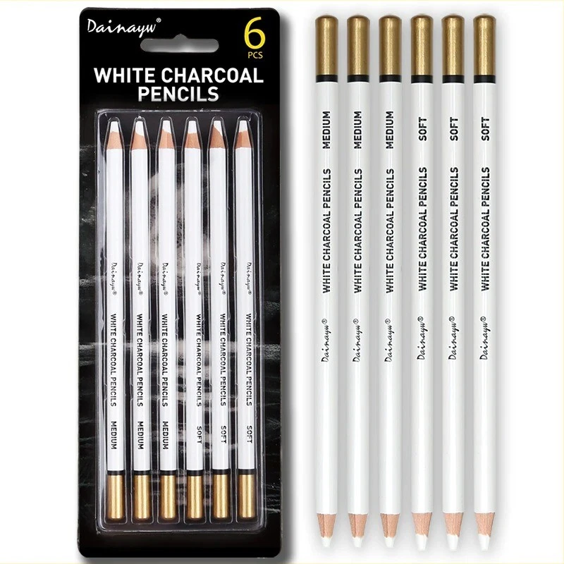 White Charcoal Pencils Drawing Set 6 Pcs Smooth Soft & Medium