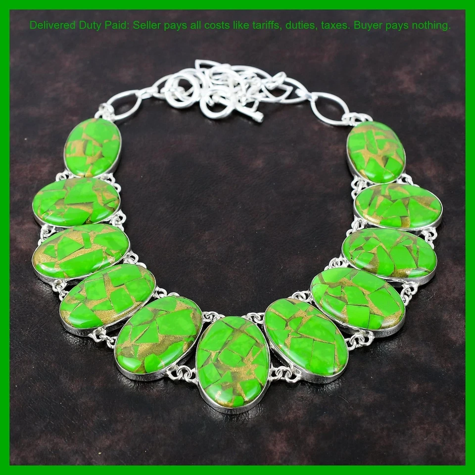 Christmas Deal Oval Natural Copper Green Turquoise Chain New Necklace 925 Silver - Image 3 of 4