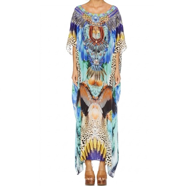 Camilla Jungle Flight Kaftan One Size Round Neck Long Maxi Silk OS