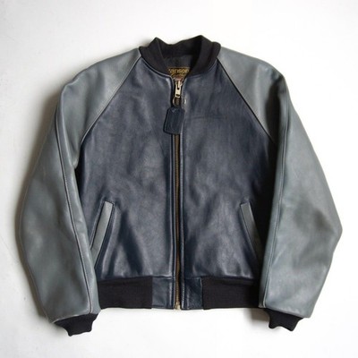 VANSON TJV All Leather Stadium Jacket 40 Gray Navy Vintage Patches Made In USA