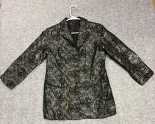 Women's Black Silver Floral Jacquard Blazer Jacket Button Brocade Shimmery 29 L
