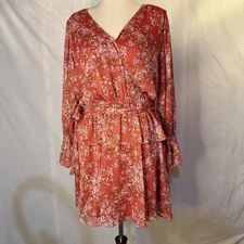 LC Lauren Conrad Pink Coral Floral Long Sleeve Faux Wrap Dress Women Size XL