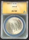 1924 AU58 Peace Silver Dollar ANACS 90% Silver $1 Coin
