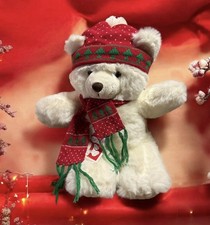 Vintage 1985 New Large White Teddy Bear Red Green Hat Scarf