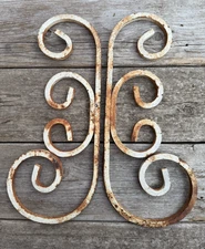 Vintage Scrolled Metal Architectural Salvage Pediment Wall Art Rusty Patina 2 Pc