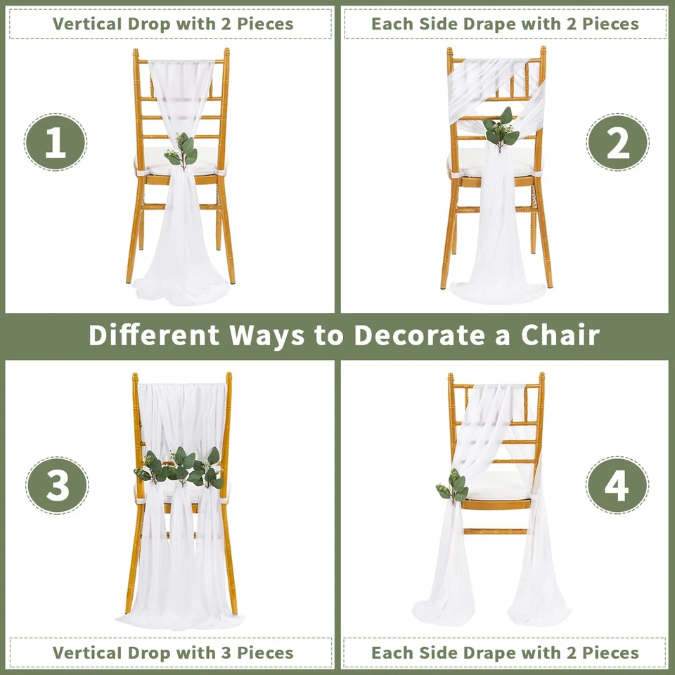 24 Pack of Sheer White Chair Sashes 8ft Long Wedding Aisle Decor with Eucalyptus - Image 4 of 4