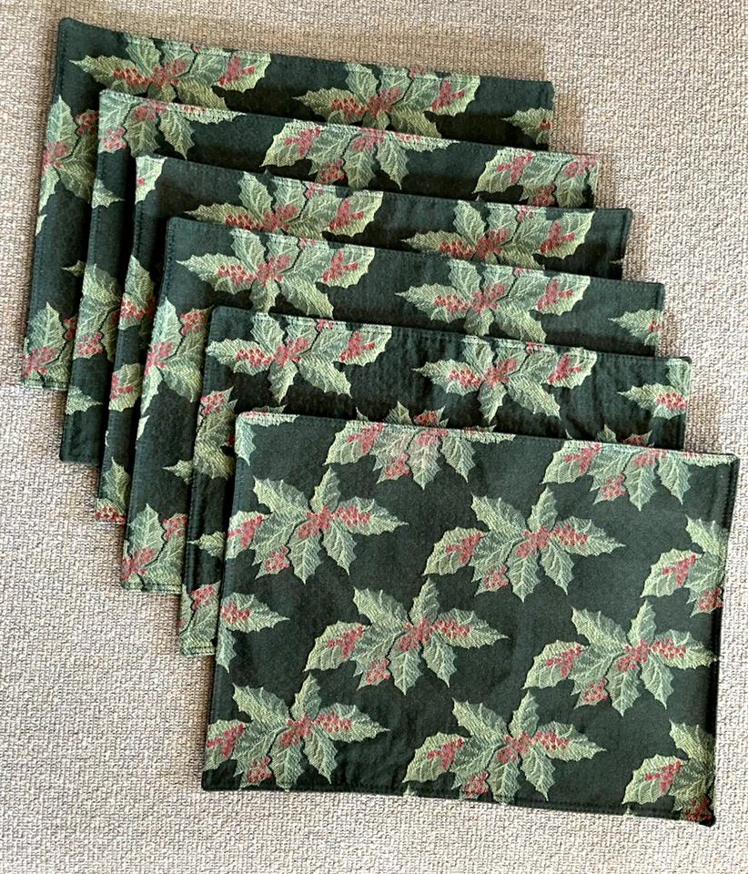 Amrose Holly Berry Red Green Tapestry Placemats Christmas Set of 6 NWT 13" x 18" - Image 4 of 4