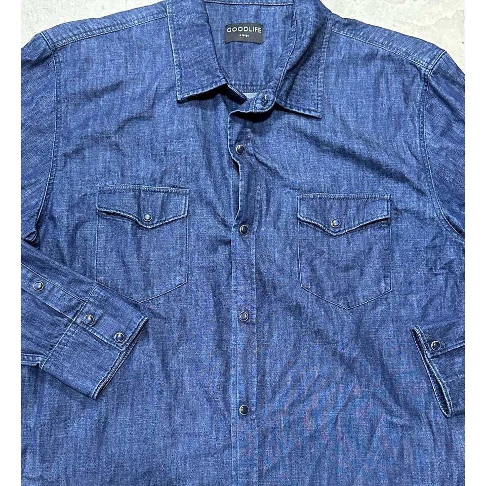 Camisa Goodlife Para Hombre Azul Denim Algodón Perla Frontal a Presión Talla XL Foto 2 de 4