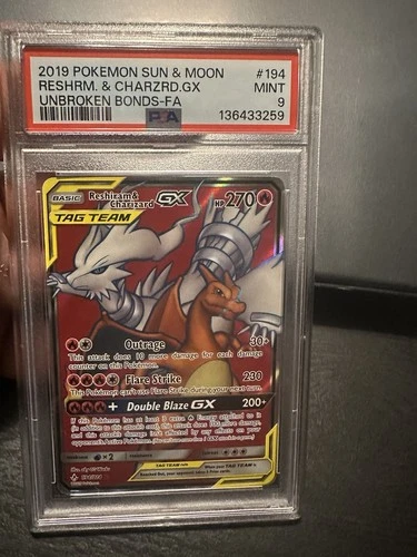 2019 POKEMON SUN & MOON UNBROKEN BONDS FULL ART/RESHIRAM & CHARIZARD GX PSA 9