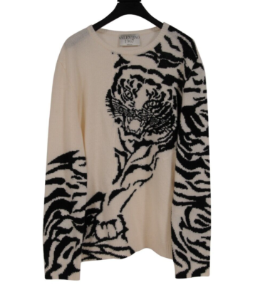 Valentino Men Intarsia Tiger Large Ivory Tan Black Wool Cashmere